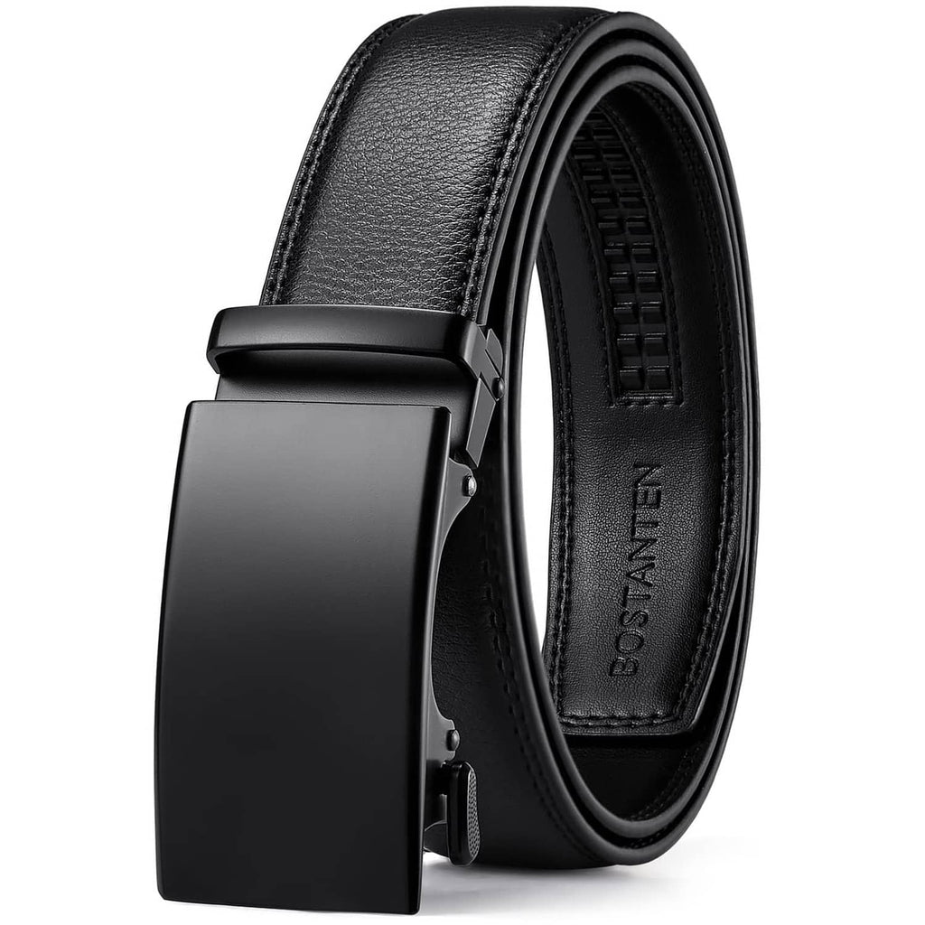 Black leather ratchet dress belt with rectangular buckle and textured strap