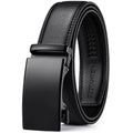 Black leather ratchet dress belt with rectangular buckle and textured strap