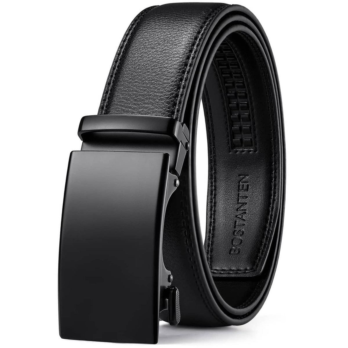 Black leather ratchet dress belt with rectangular buckle and textured strap