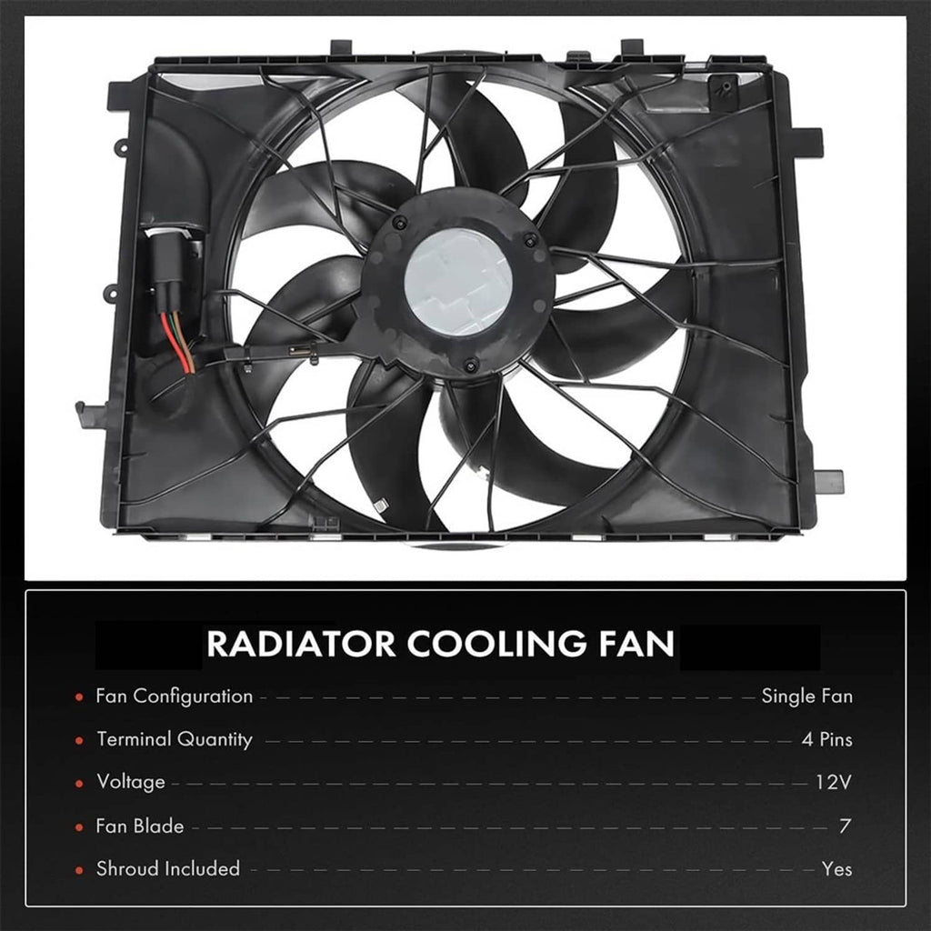 Radiator cooling fan assembly with fan blades and wiring harness on black shroud.