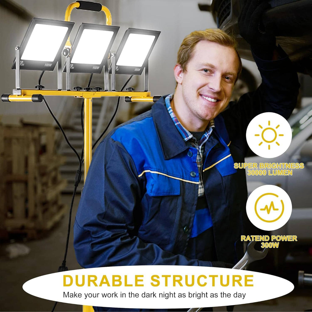 Triple LED work light with yellow stand, bright beam, rugged housing and handle