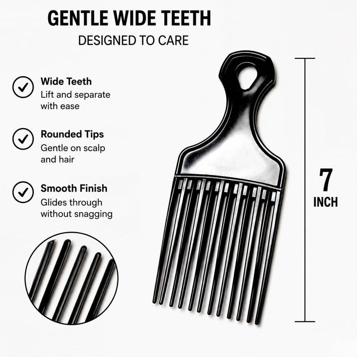Hair afro pick comb set, 7-inch wide-tooth lift comb with rounded tips