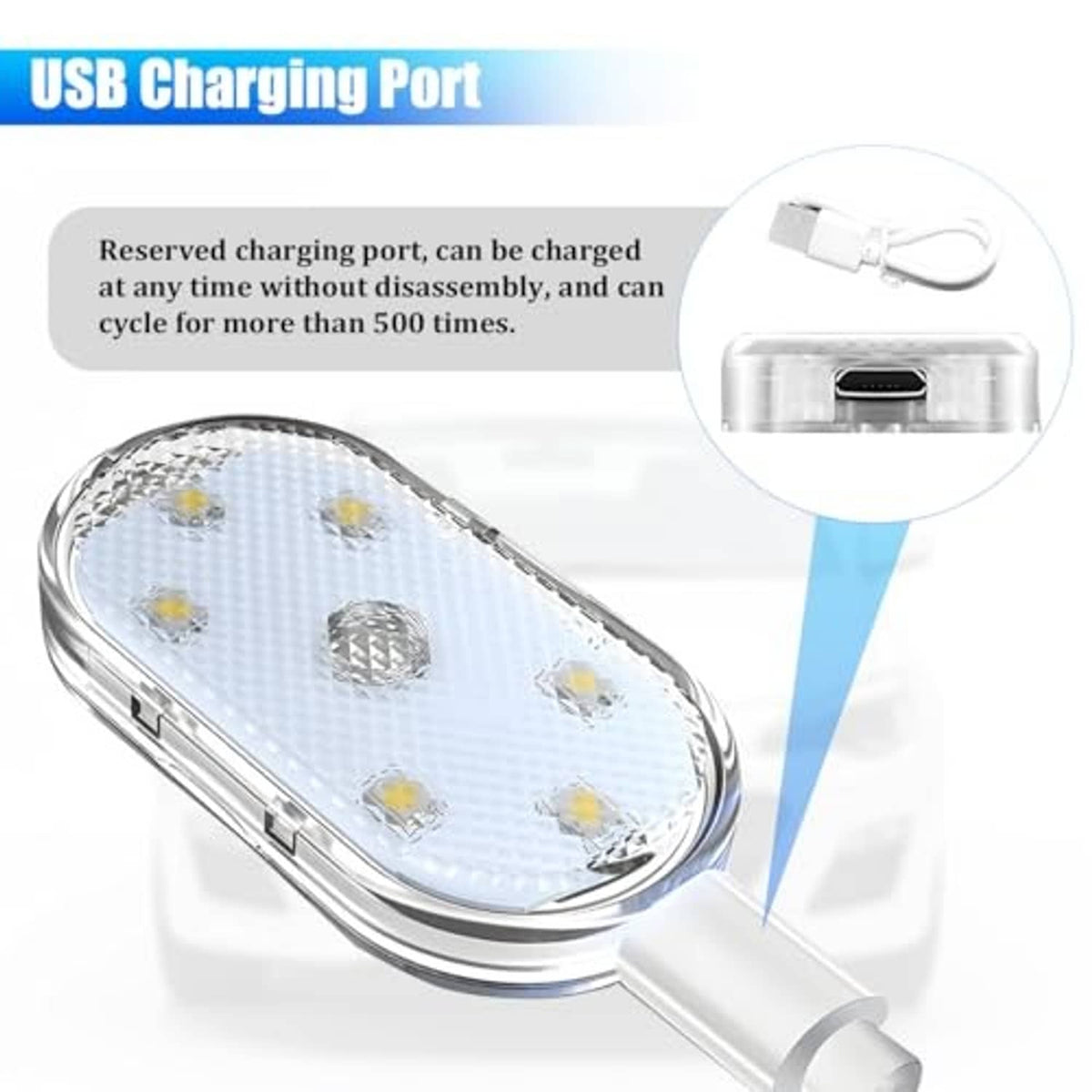 Oval LED car interior light showing USB charging port and cable connector