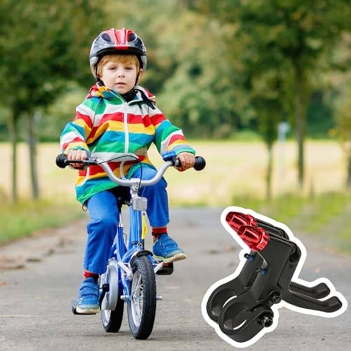 Black and red 2-finger bicycle brake lever attached near the handlebar