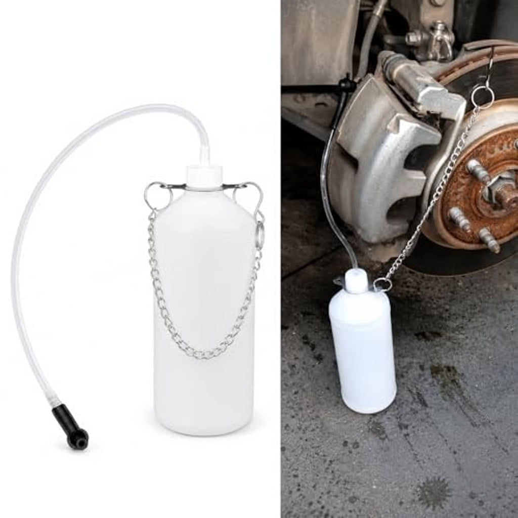 White brake bleeder bottle with chain, connected clear hose, and black fitting