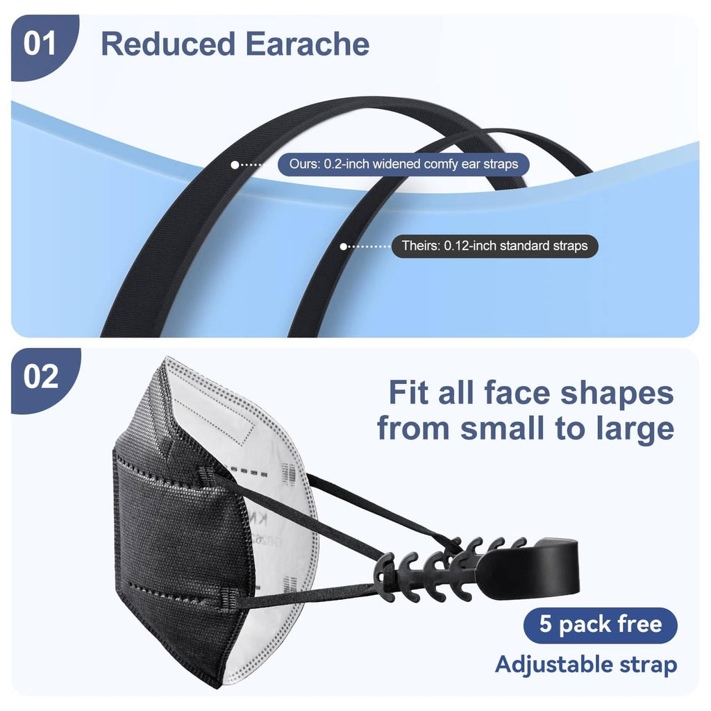 Black KN95 face mask with widened elastic ear straps for adjustable fit