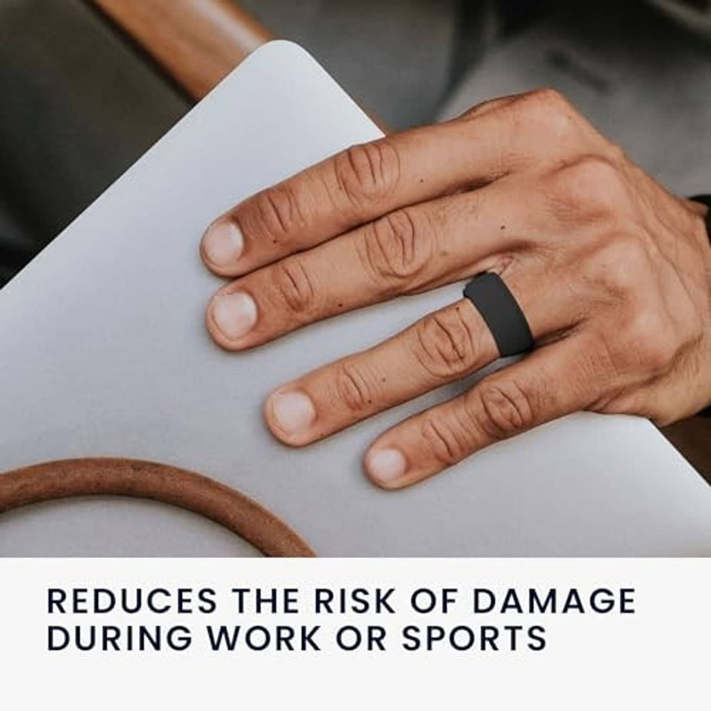 Black smart ring protective sleeve on a finger, shown in a close-up hand view.