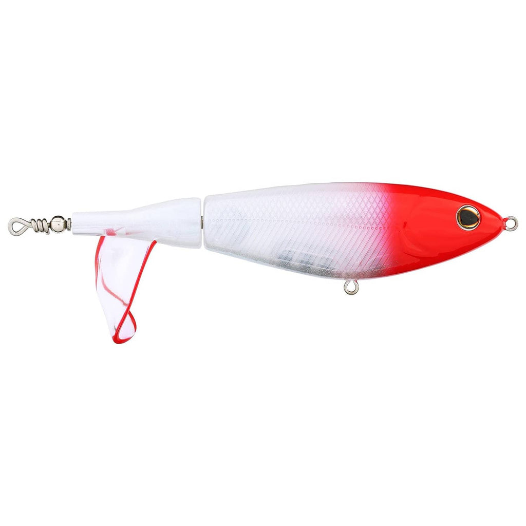 Red and white topwater fishing lure with red-trimmed treble hook