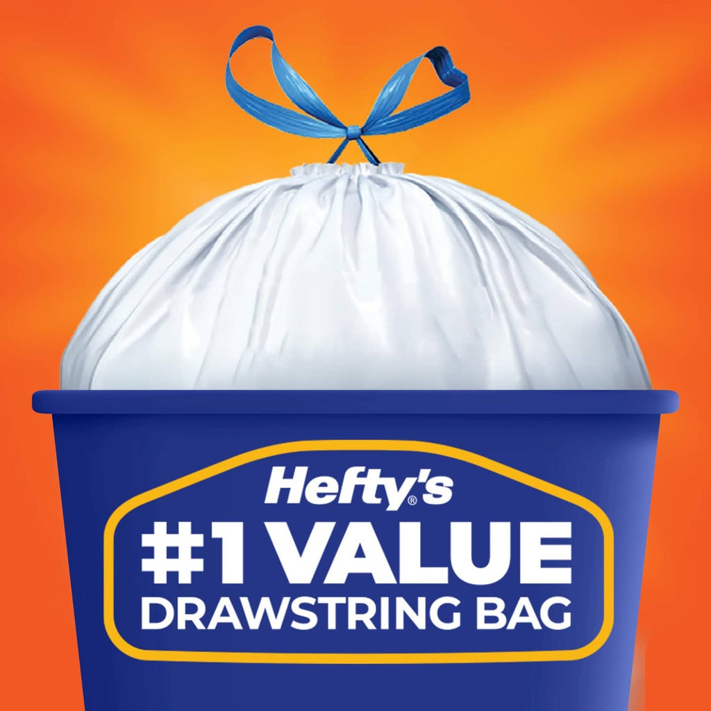 Hefty #1 Value drawstring bag displayed with blue cap and yellow label