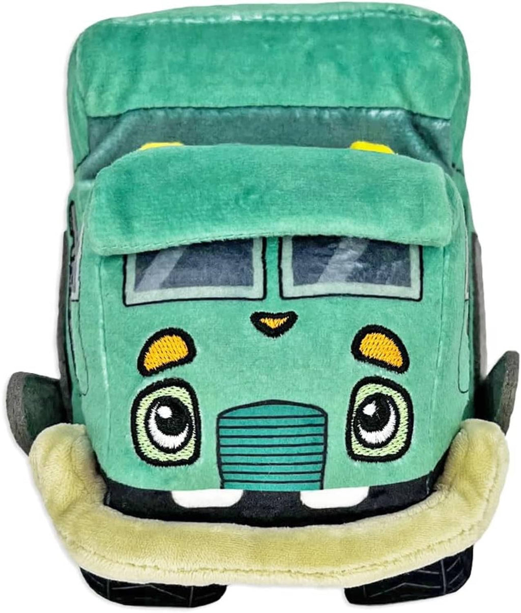 Green trash truck plush front view with big eyes, striped grill, and soft yellow trim