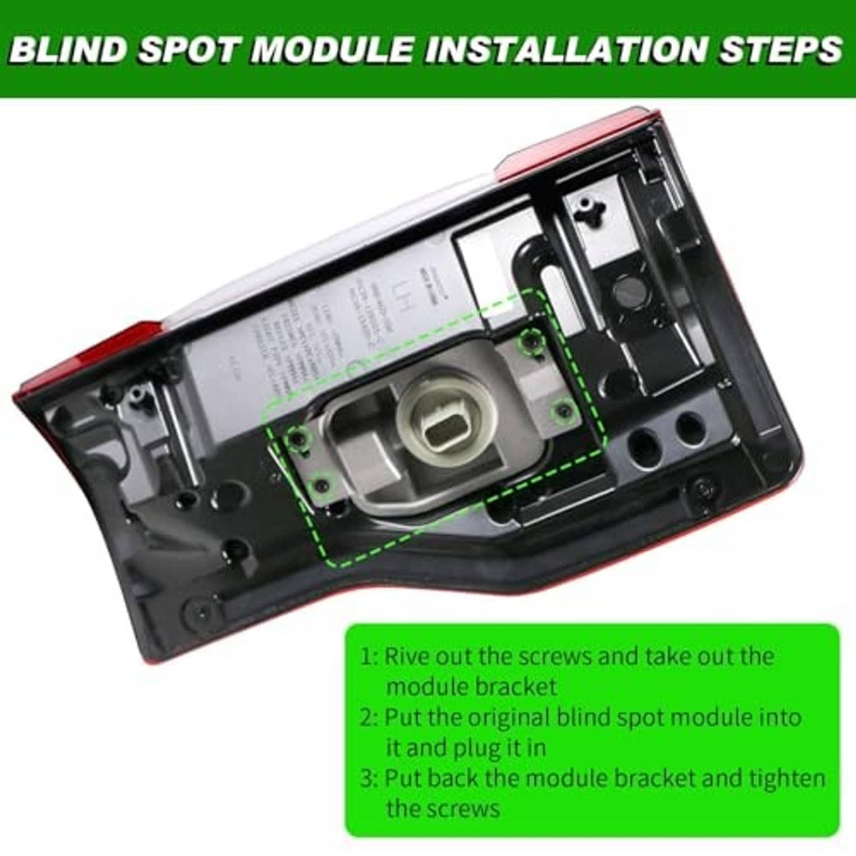 Tail light blind spot module housing with wiring area and mounting fasteners
