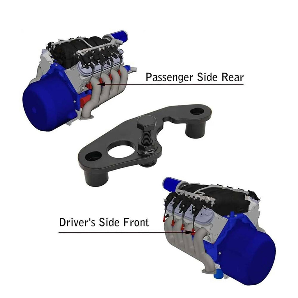 Black exhaust manifold bolt repair bracket with threaded screw and mounting holes