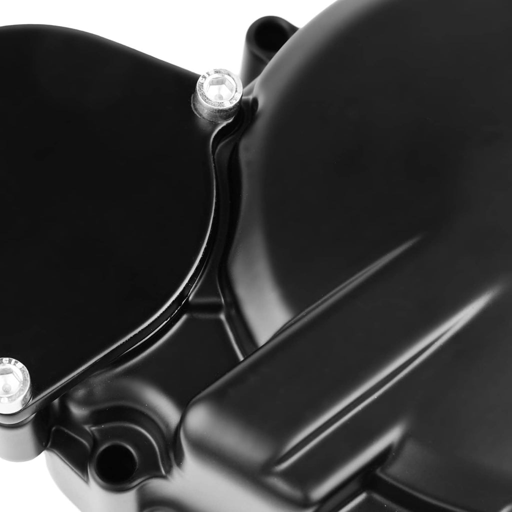 Close-up of black engine crankcase cover seam with silver bolt hardware