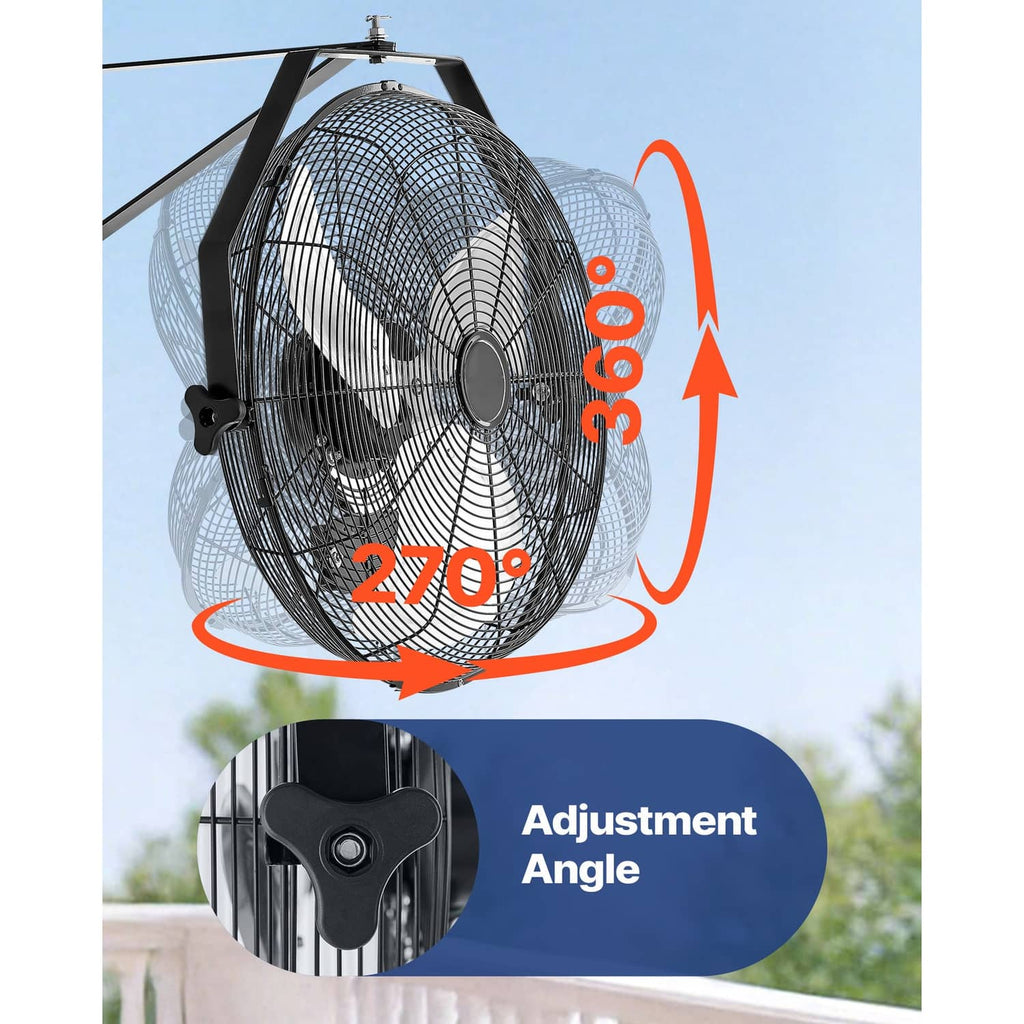 Industrial wall-mount fan with adjustable tilt bracket and black wire grille