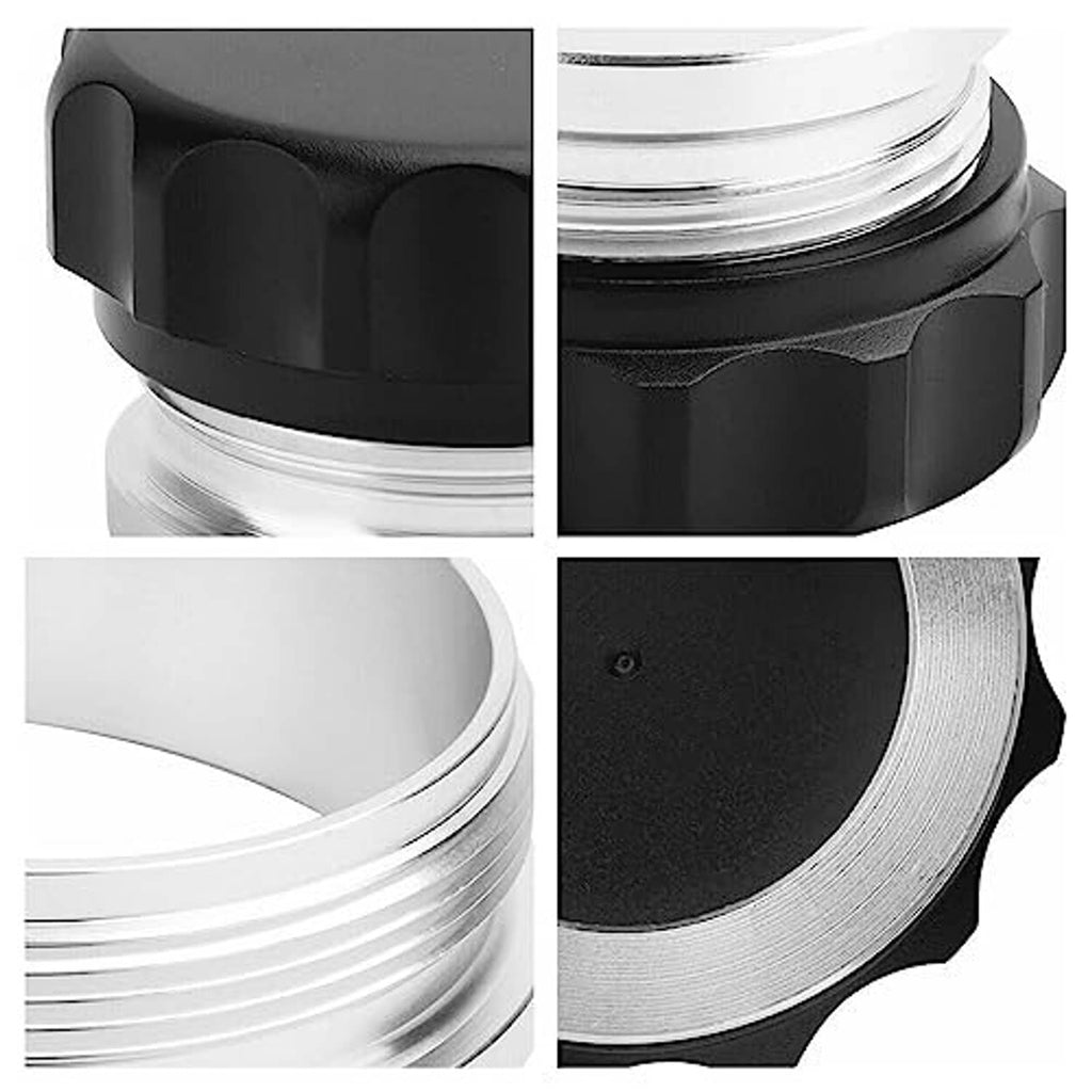 Close-up of black filler cap threads, textured ridges, and metal ring edge