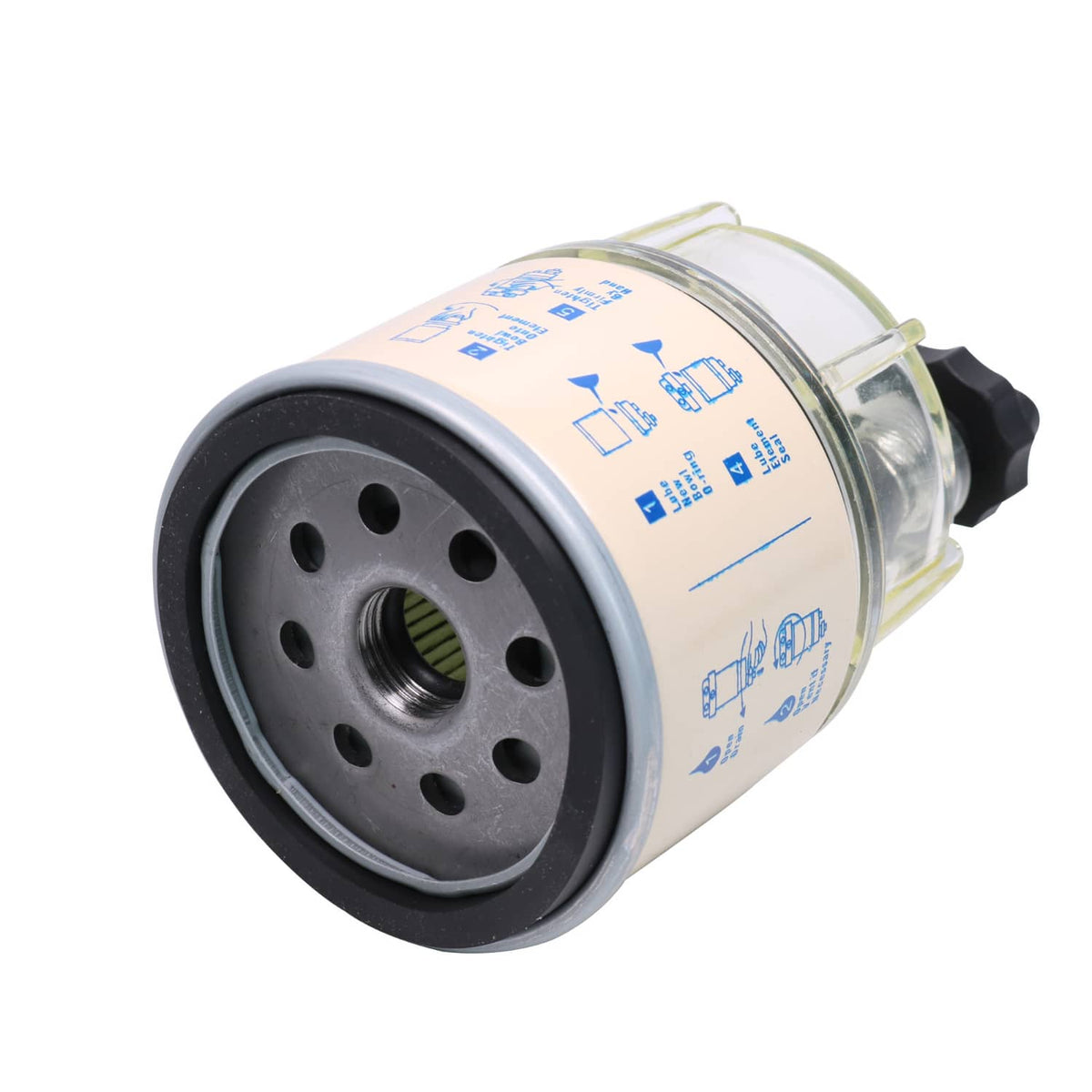 Spin-on fuel filter water separator showing round filter base and fuel line outlet port