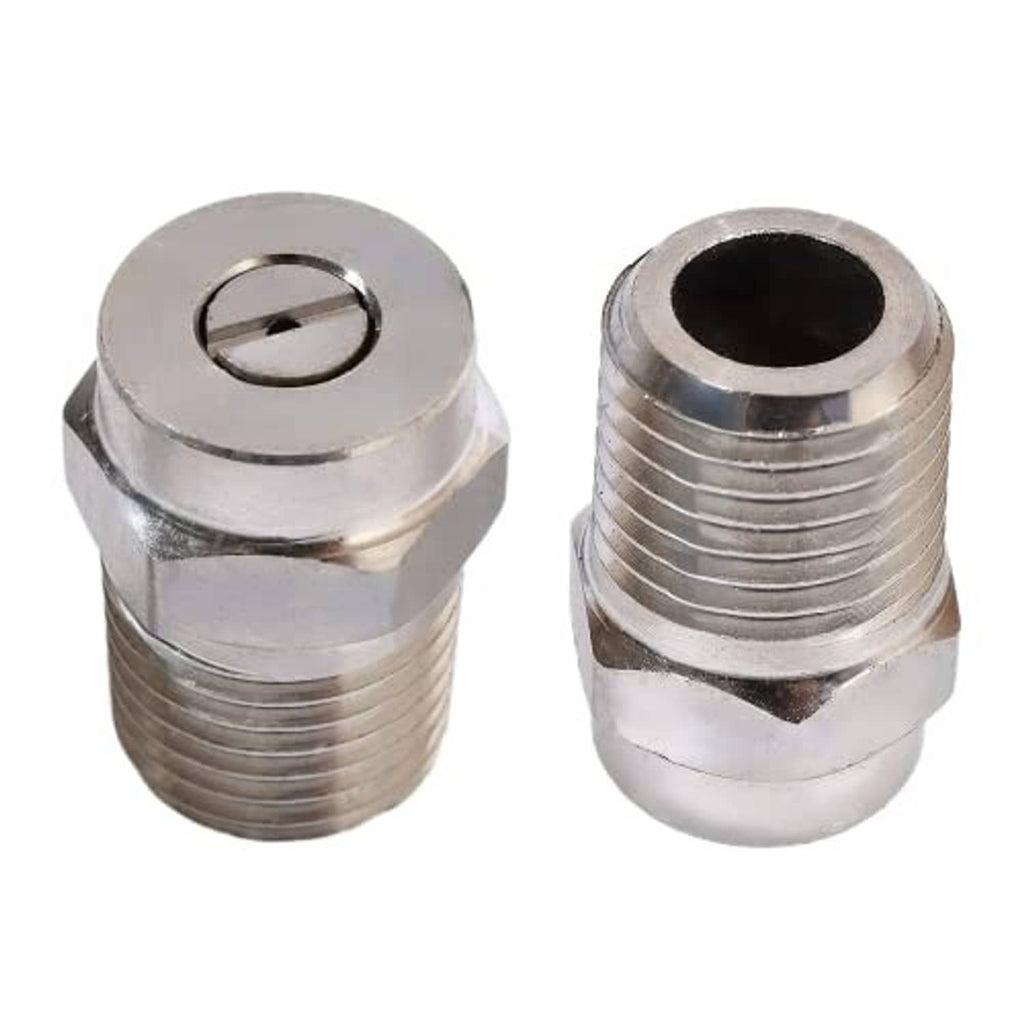 Pair of universal pressure washer threaded spray nozzle tips, one shows dark inner opening