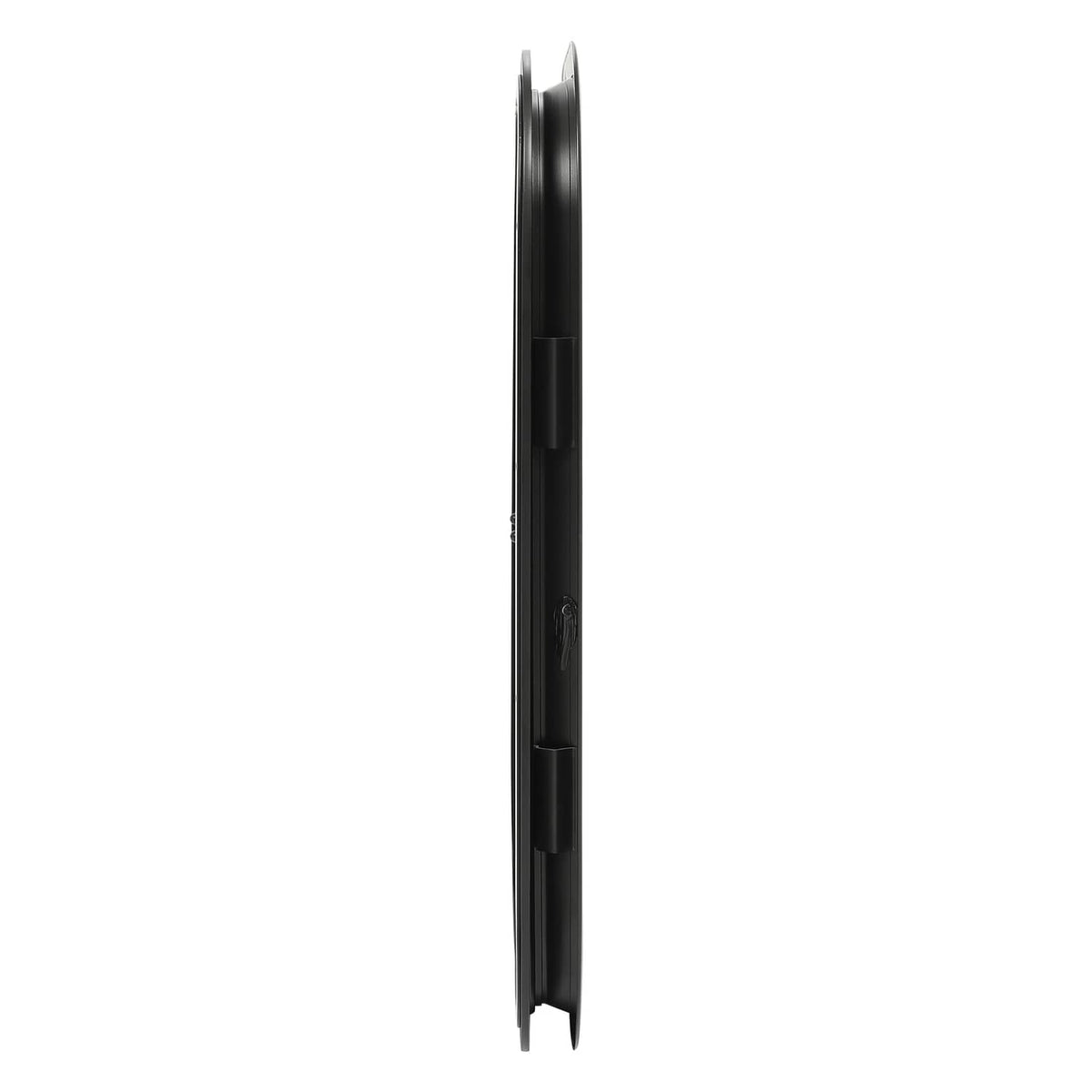 Black framed tinted RV window, narrow side edge view