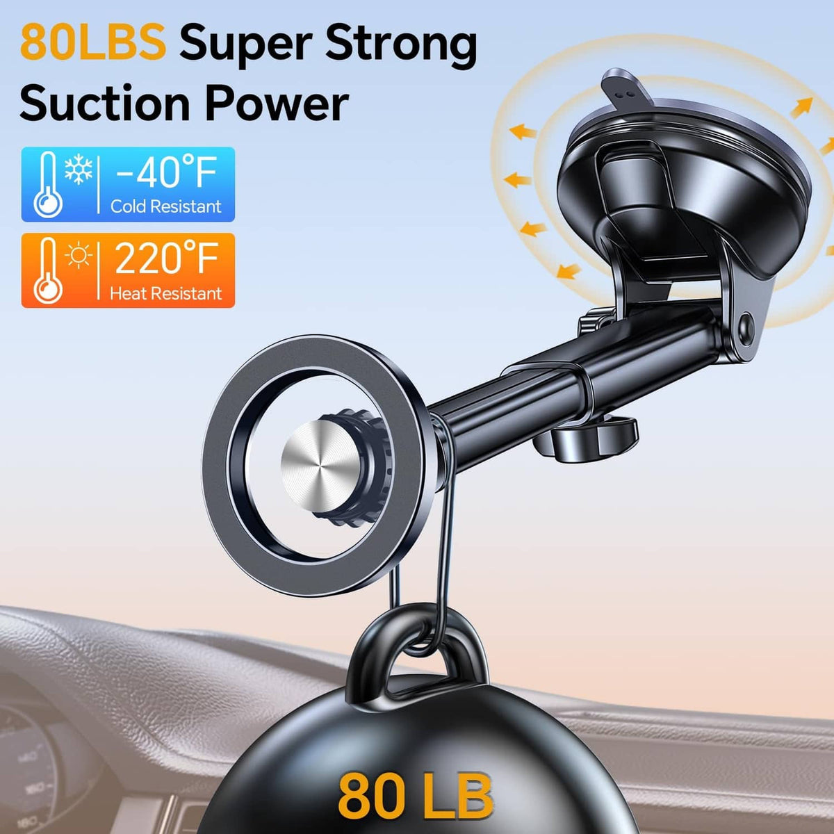Black suction MagSafe car mount with circular magnetic holder and stand
