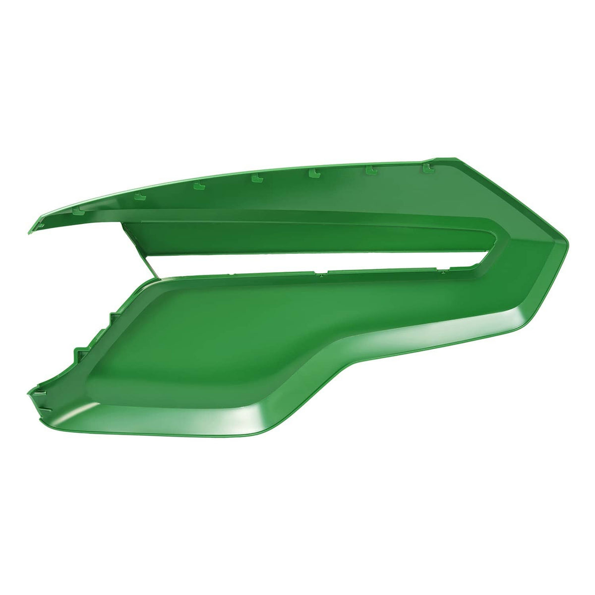 John Deere green right hood panel, underside view with recessed tray and clips