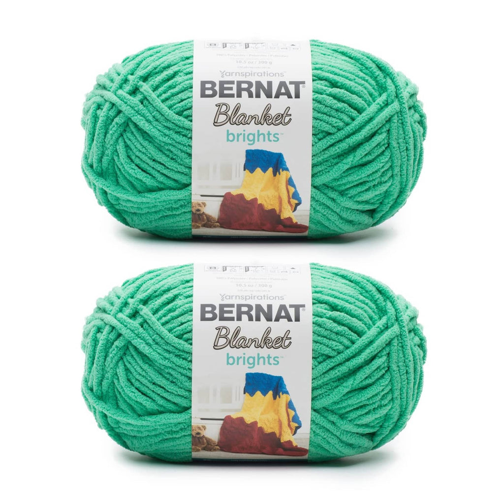 Bright teal super bulky chenille yarn, two-pack Bernat Blanket brights labels