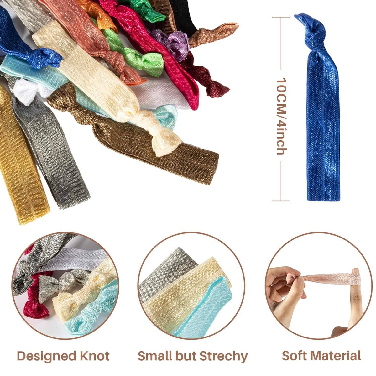 Assorted knotted ribbon hair ties in bright metallic and solid colors