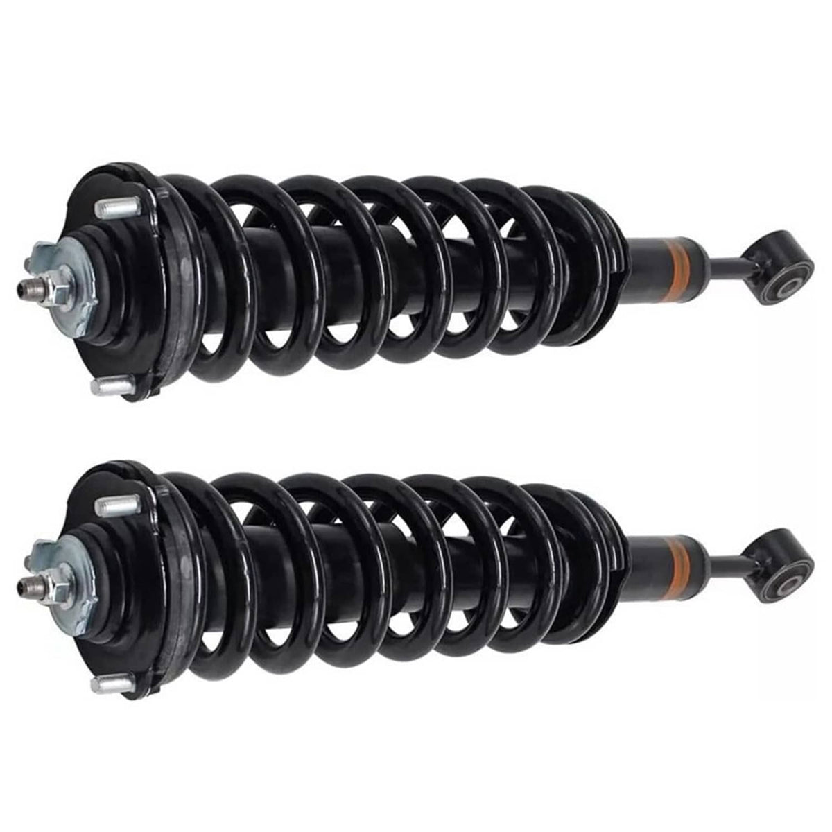Front shock strut pair close-up: black springs with gray hardware and orange accents