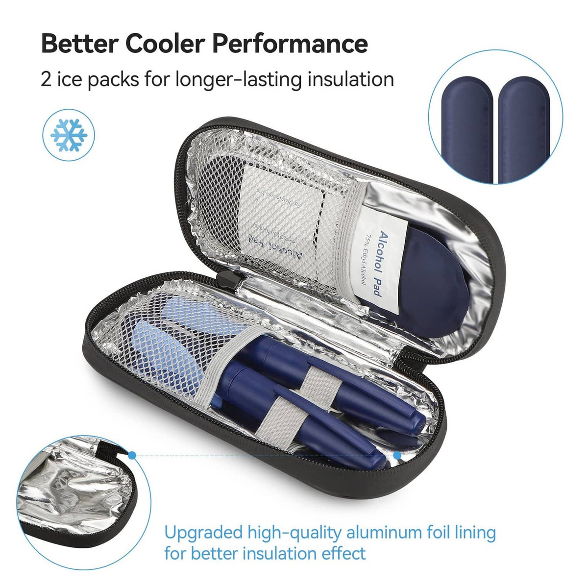 Open pink insulin cooler case with gray foil lining, divider, and storage pockets