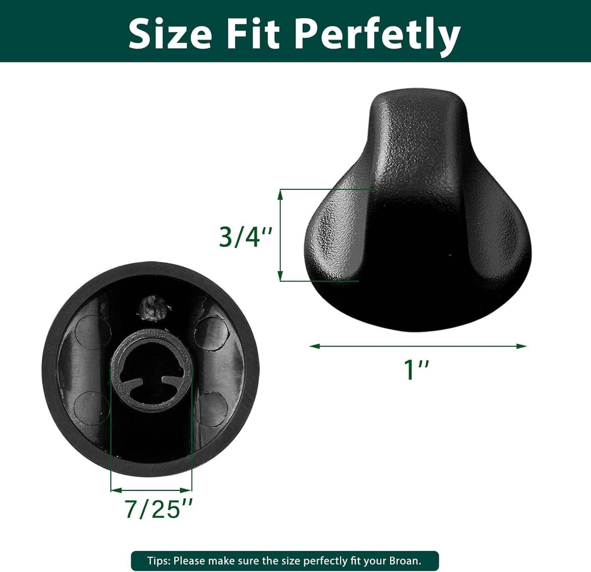 Black range hood replacement knob with front and back views