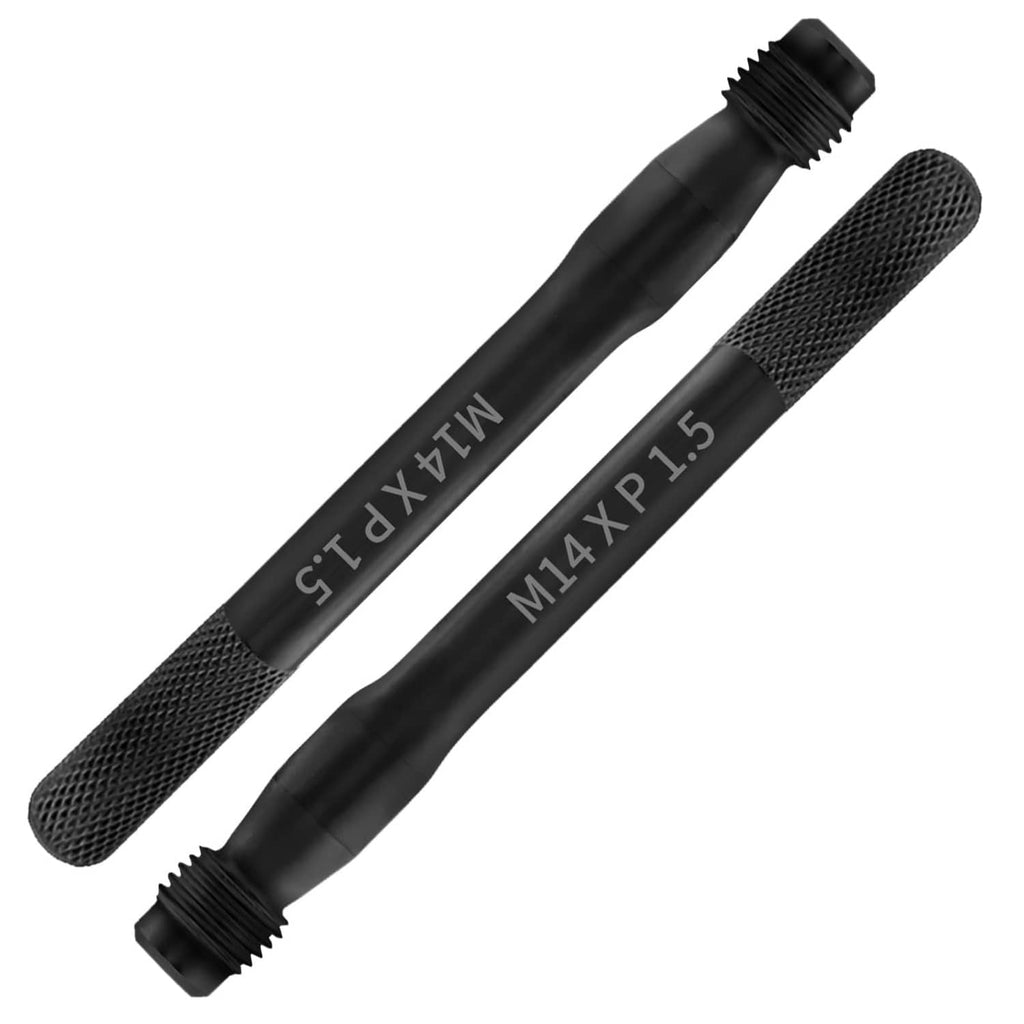 Pair of black wheel stud alignment pins with M14 x 1.5 thread and textured grip