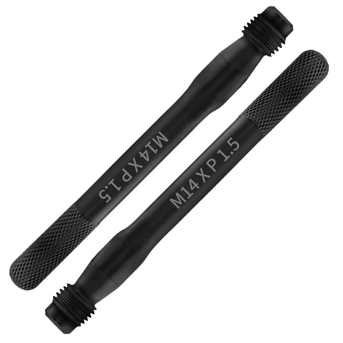 Pair of black wheel stud alignment pins with M14 x 1.5 thread and textured grip