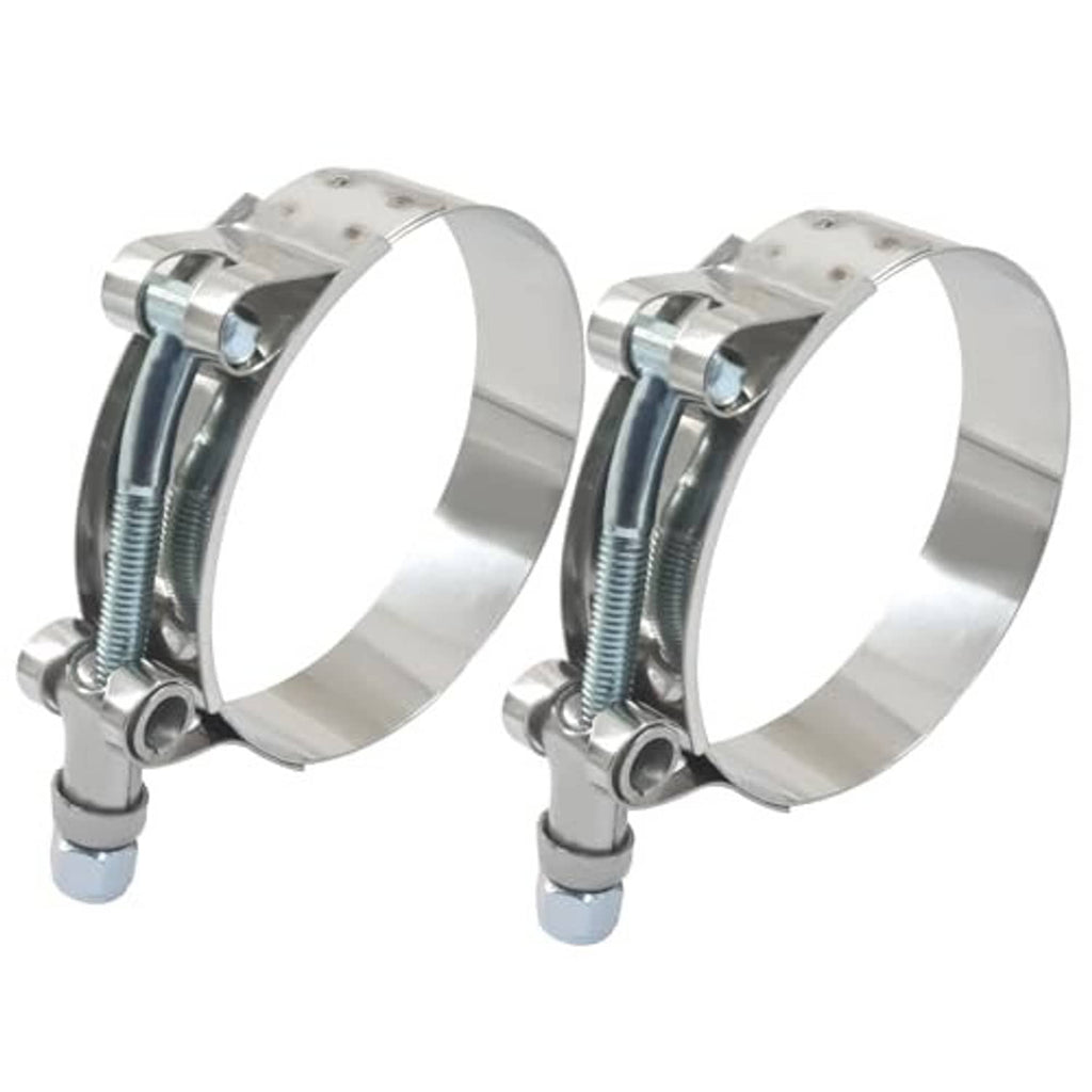 Stainless steel T-bolt hose clamps, two clamps shown side by side