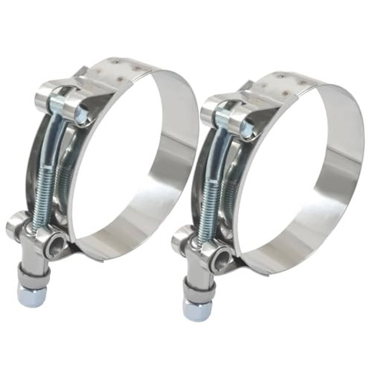 Stainless steel T-bolt hose clamps, two clamps shown side by side