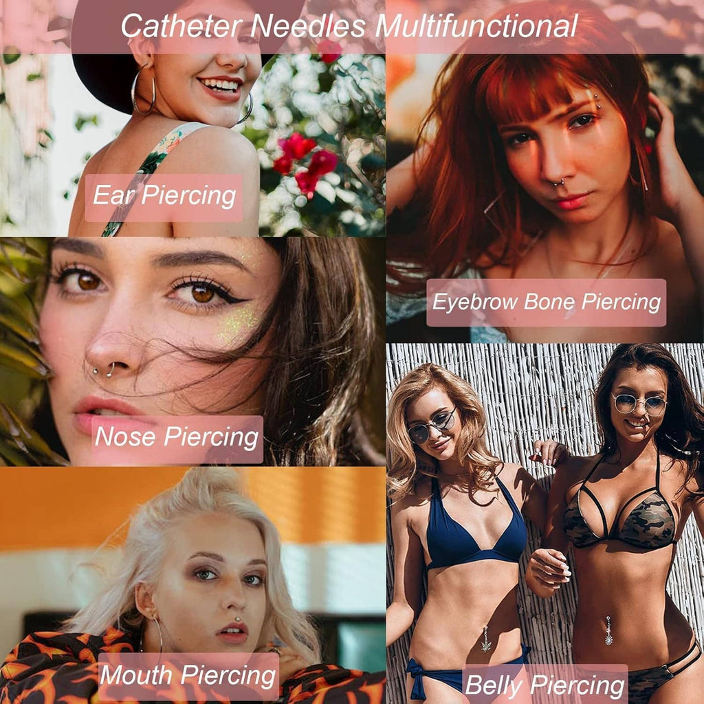 Catheter needle piercing uses collage for ear, eyebrow, nose, mouth, and belly piercings