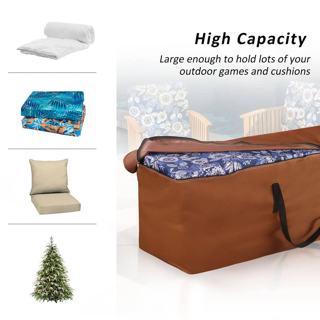 Brown high-capacity cushion storage bag with wide opening for large items