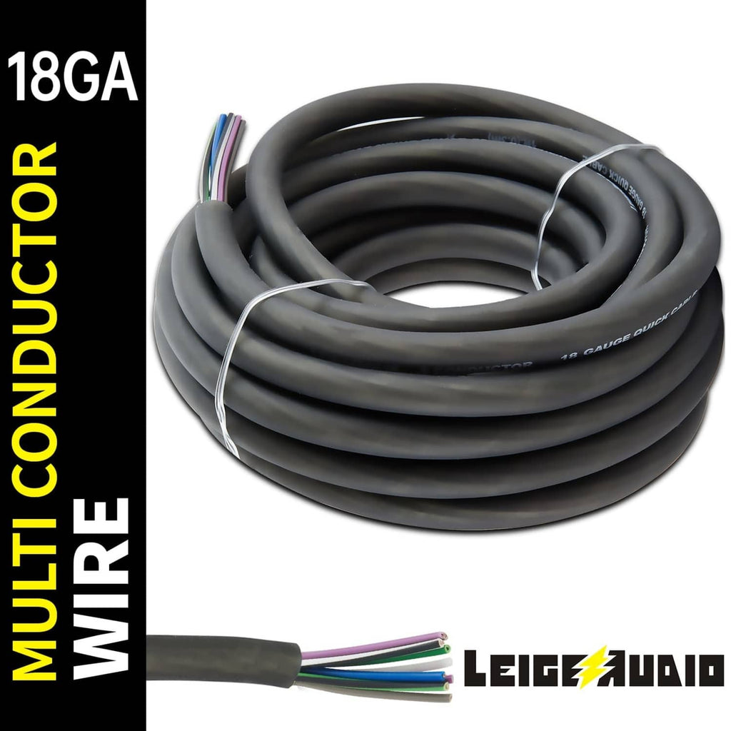 Coiled 18 AWG 9-conductor speaker wire, black jacket with multicolor inner strands
