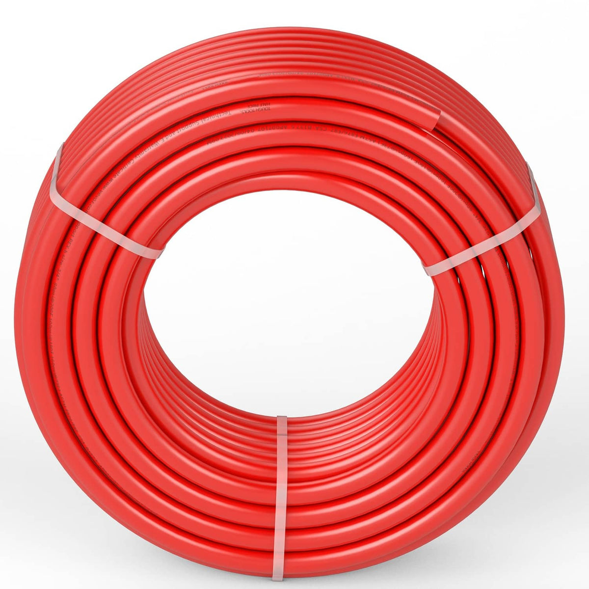 Red PEX-B tubing coil with tight loops and bundled with clear tie straps