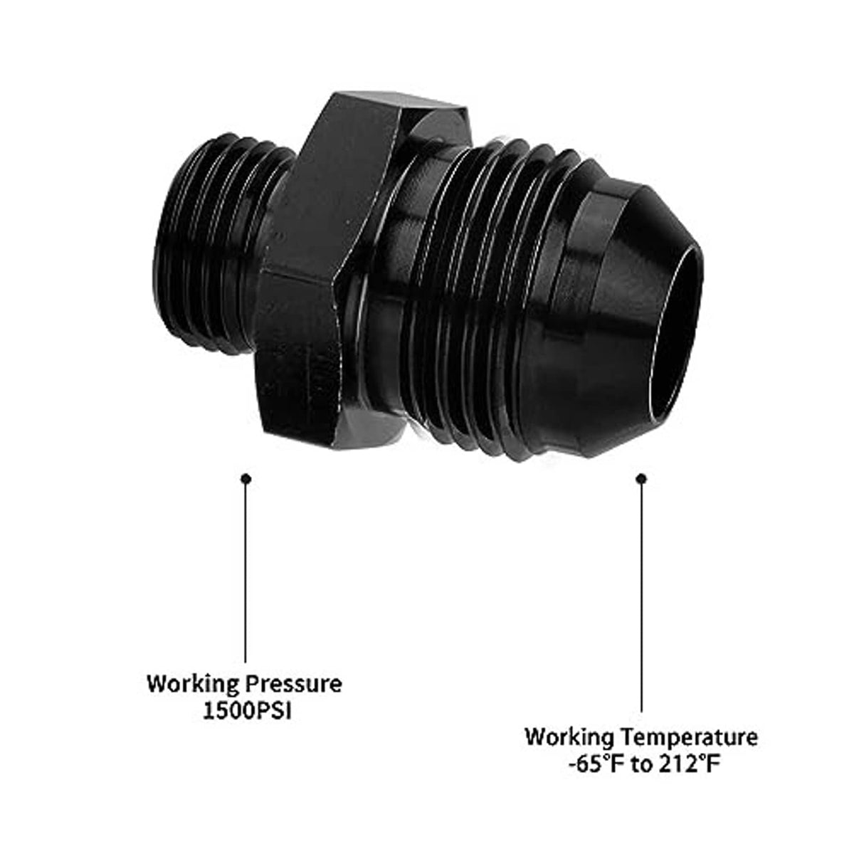 Black AN adapter fitting with hex body and male ORB threaded ends