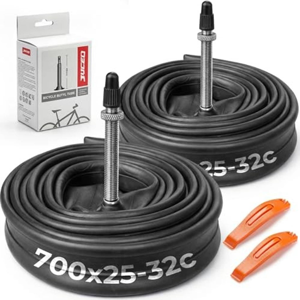 Two rolled black bike inner tubes with Presta valves plus two orange tire levers