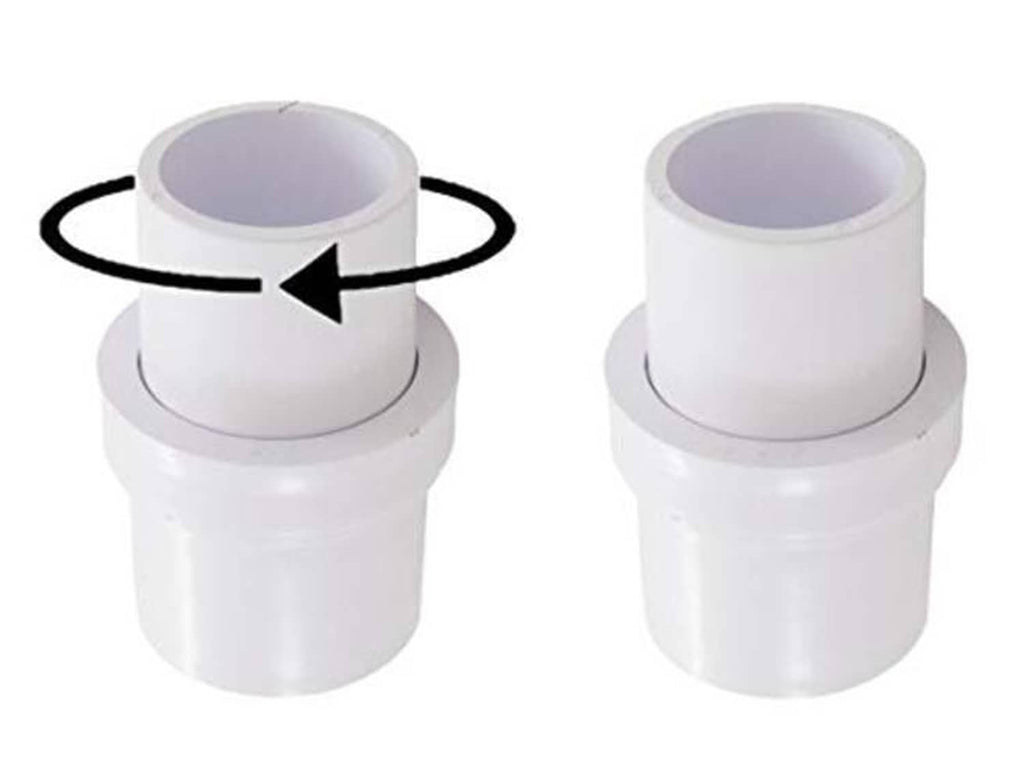 White pool vacuum swivel adapter connector with two openings, front view.