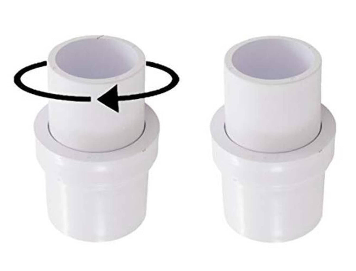 White pool vacuum swivel adapter connector with two openings, front view.