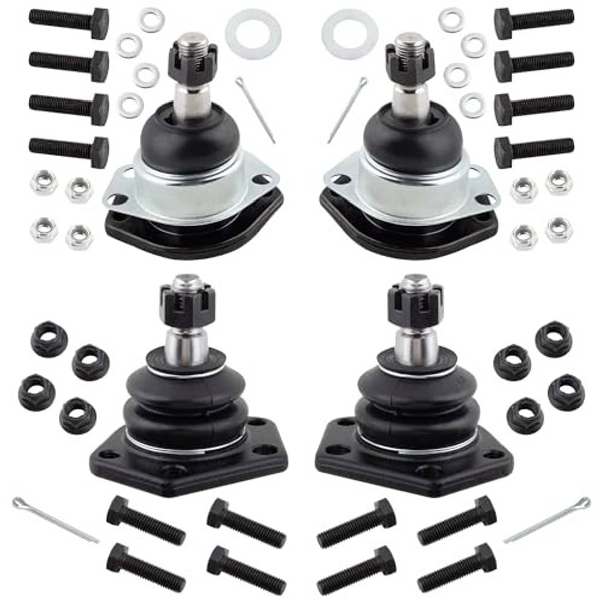 Ball joint pair with black boots and silver mounting flanges plus bolts and nuts
