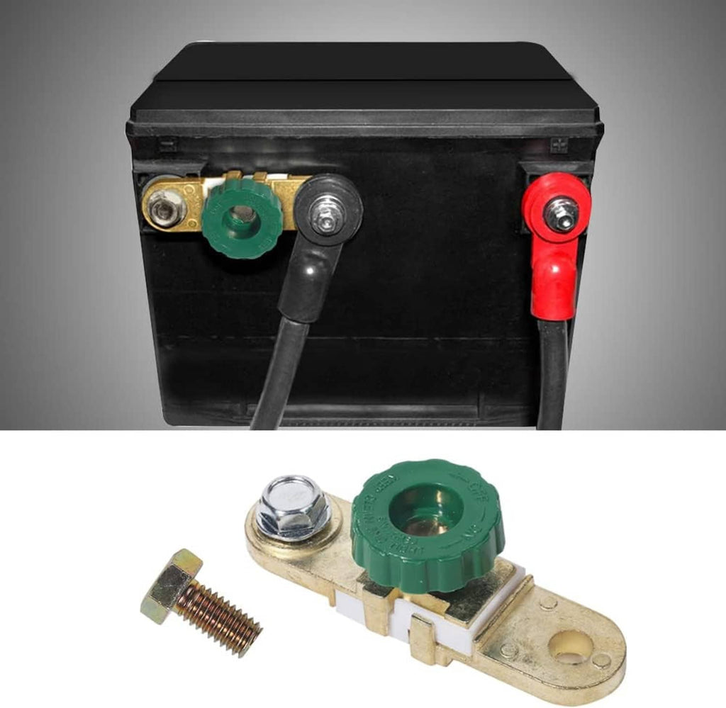 Car battery disconnect switch on battery with green rotary knob and red terminal clamp