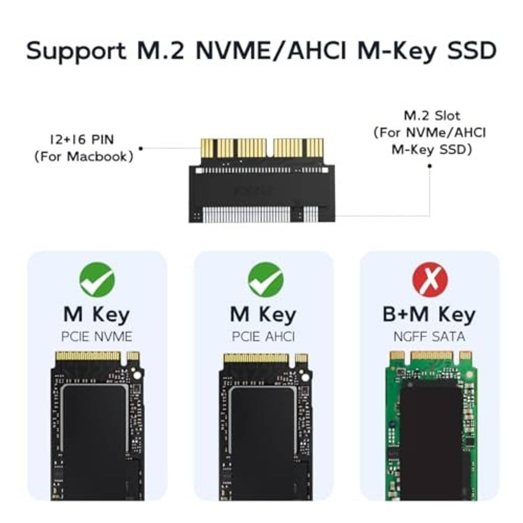 NVMe M-Key SSD to 12+16 pin adapter card, black PCB with gold edge contacts