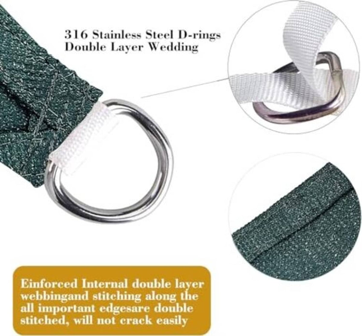 Dark green sun shade sail corner with stainless steel D-ring and double-layer stitching