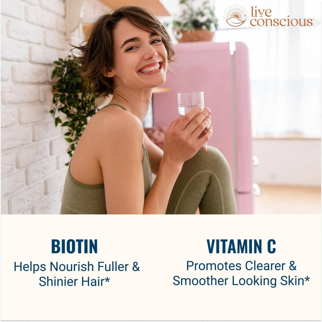 Woman holding collagen supplement bottle; Biotin and Vitamin C callouts