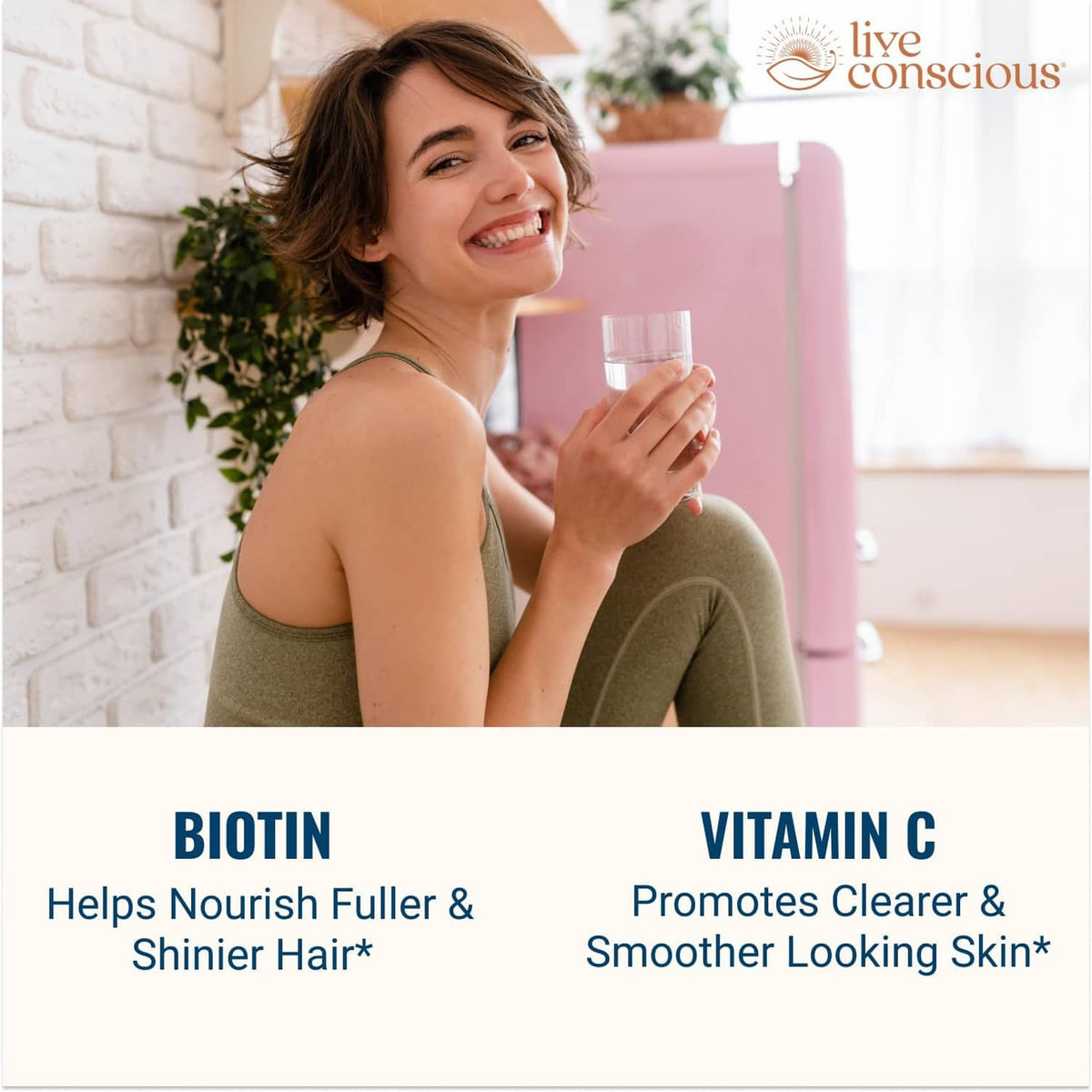 Woman holding collagen supplement bottle; Biotin and Vitamin C callouts