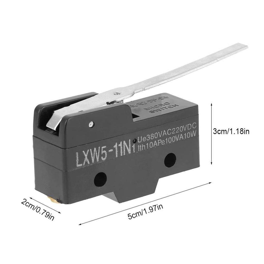 Micro limit switch with long lever, black body with size measurement labels