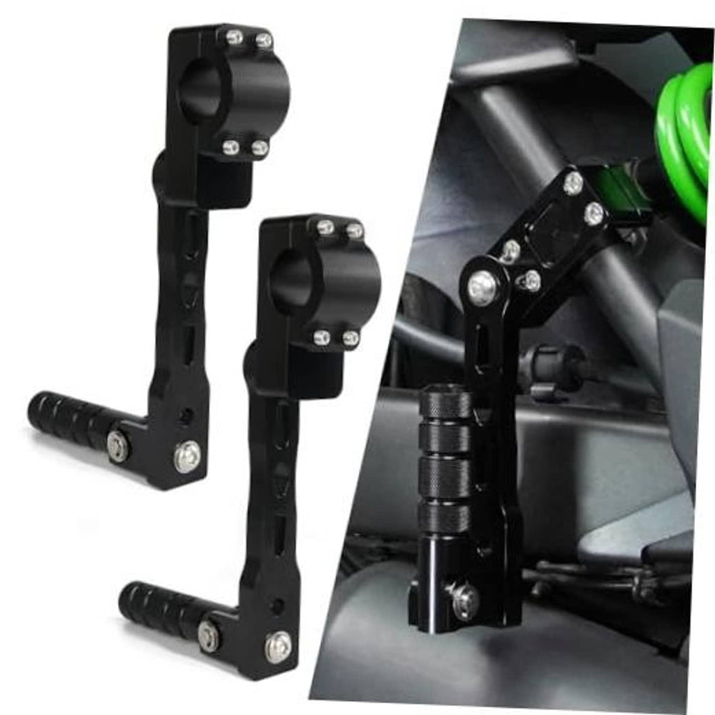 Pair of black adjustable highway foot pegs with clamp-style mounts and rubber grips