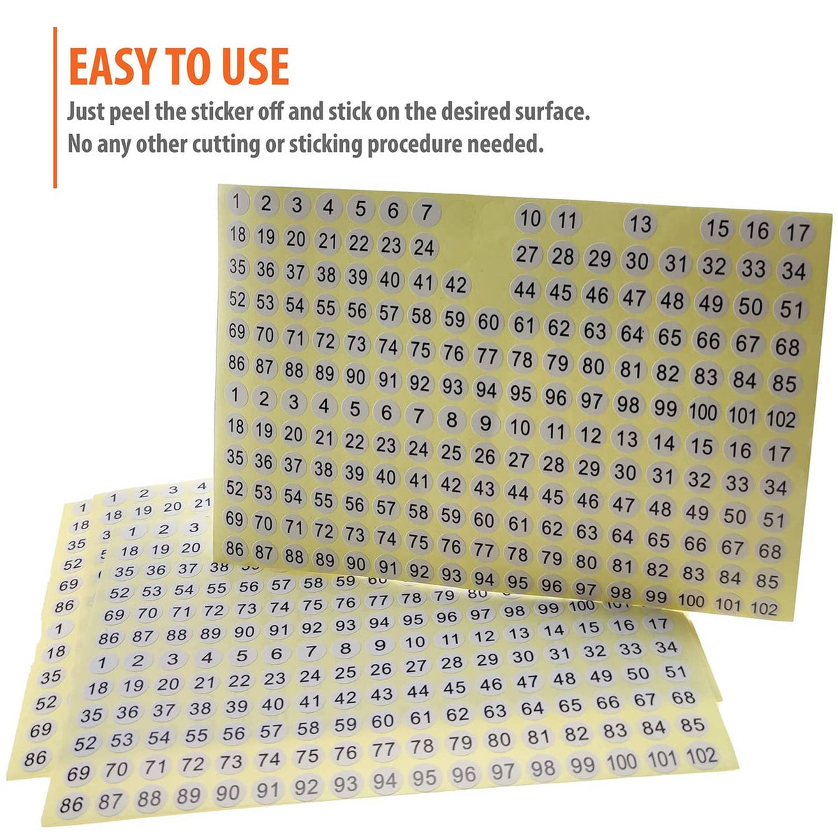 Round number sticker sheet with white circles labeled 1–102 on yellow backing